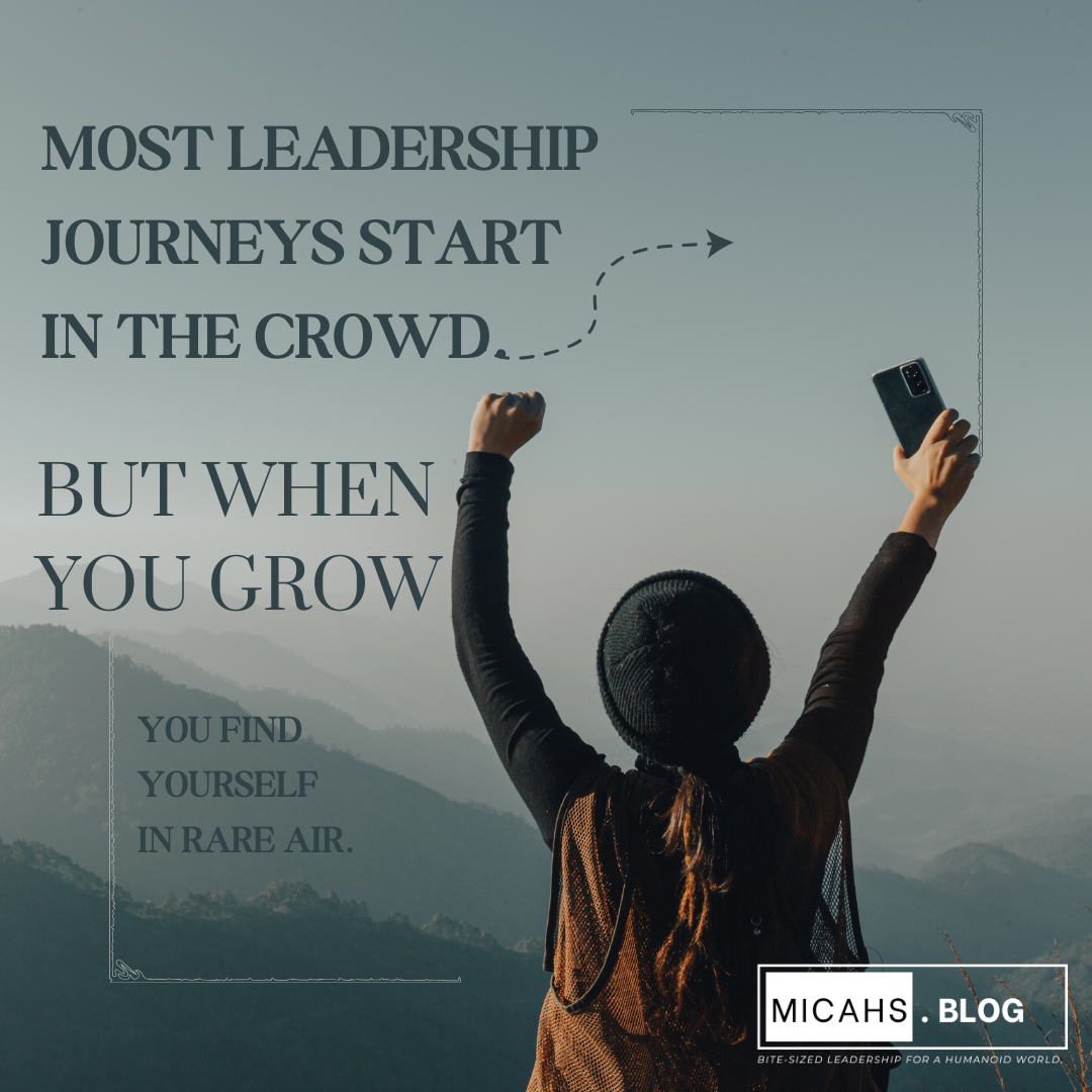 A person with raised arms celebrating at a mountain viewpoint, with motivational text about leadership journeys.
