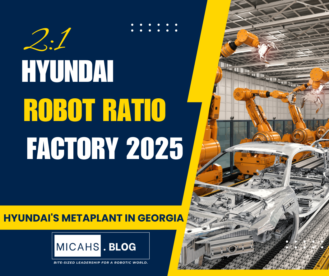 Hyundai factory with humanoid robots and humans collaborating on assembly line, illustrating 2:1 robot ratio impact on job redesign and skill paths in 2025 automation era.