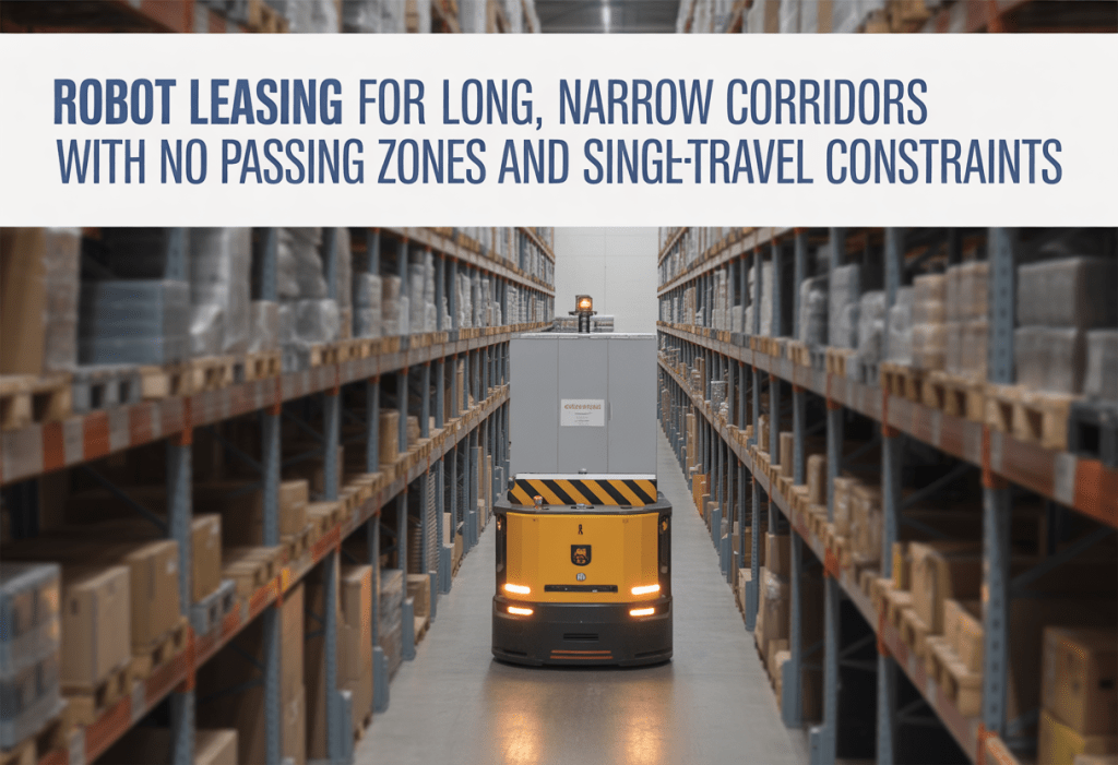 Autonomous mobile robot navigating a long, narrow warehouse corridor without passing zones or turnouts.